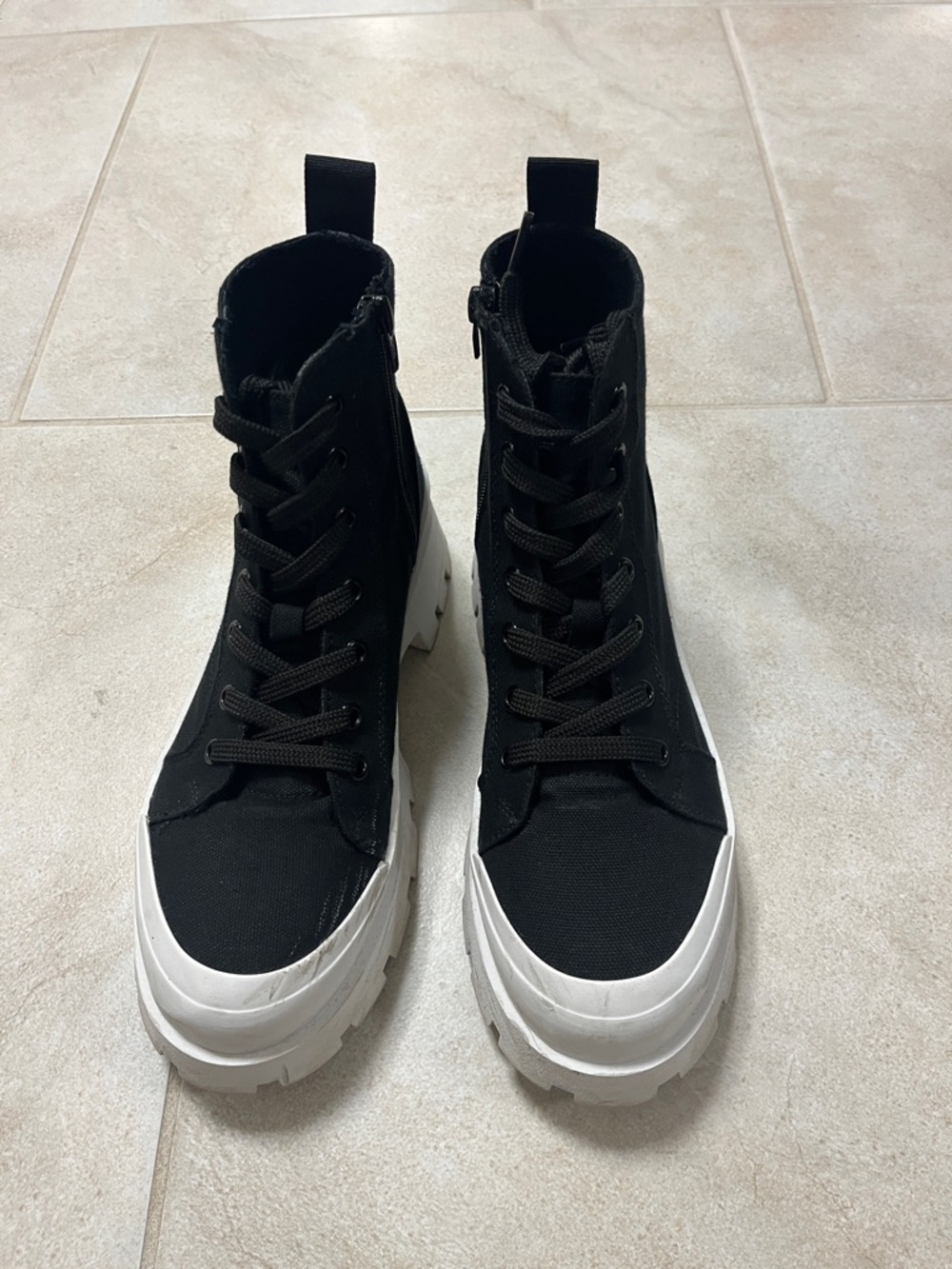 Steve Madden Black Canvas High-Top Sneakers with White Platform Sole